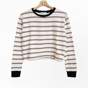 Forever 21 Cream Black & Red Striped Long Sleeve Crop Top Sweatshirt Size S